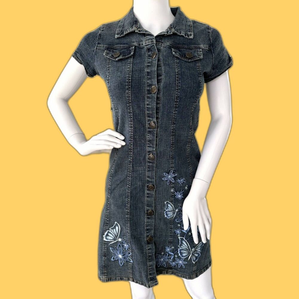 Speechless Y2K Denim Button-Up Jean Dress Embroidered Butterflies Junior Small